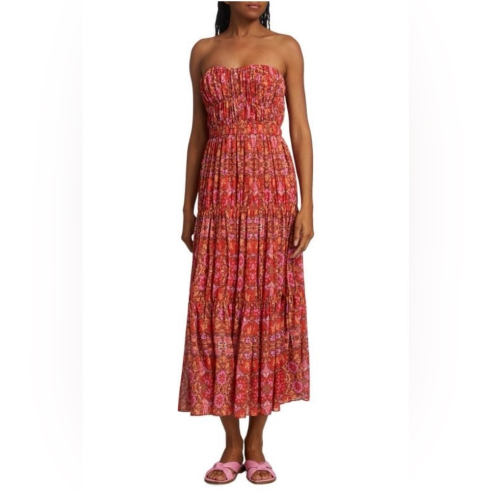 AMUR Strapless Red Floral Midi Dress